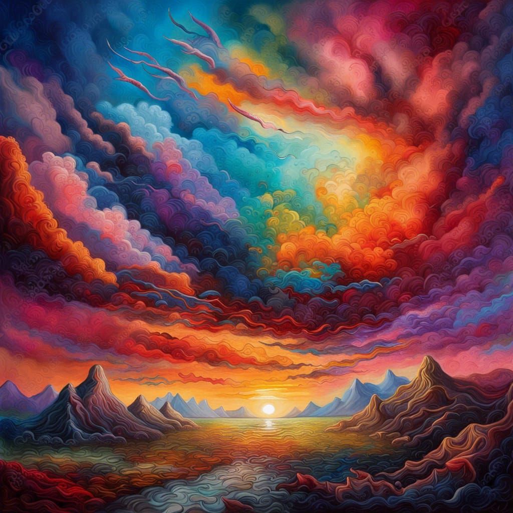 Original skyscape, vibrant colours, combining surreal and impressionist ...