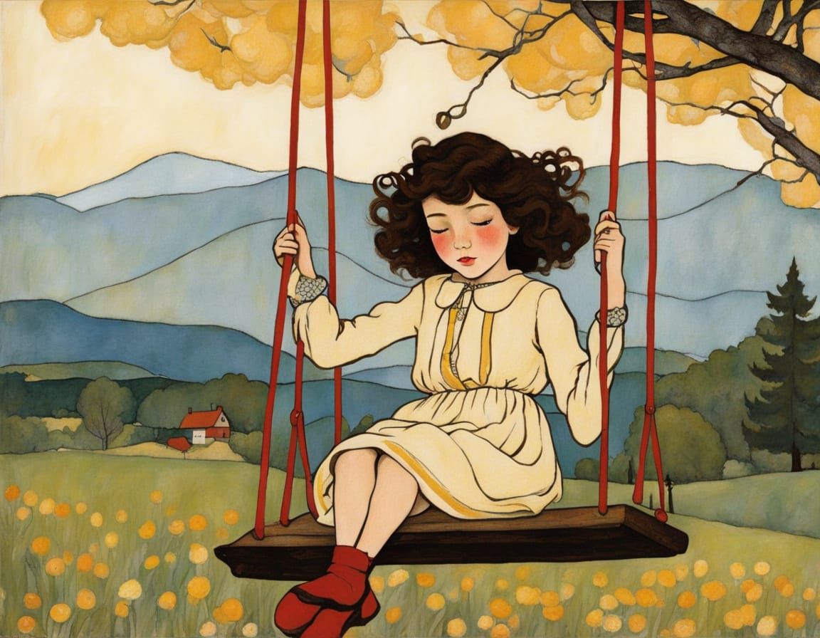 Girl on Swing: Illustrative Expressionist Art
