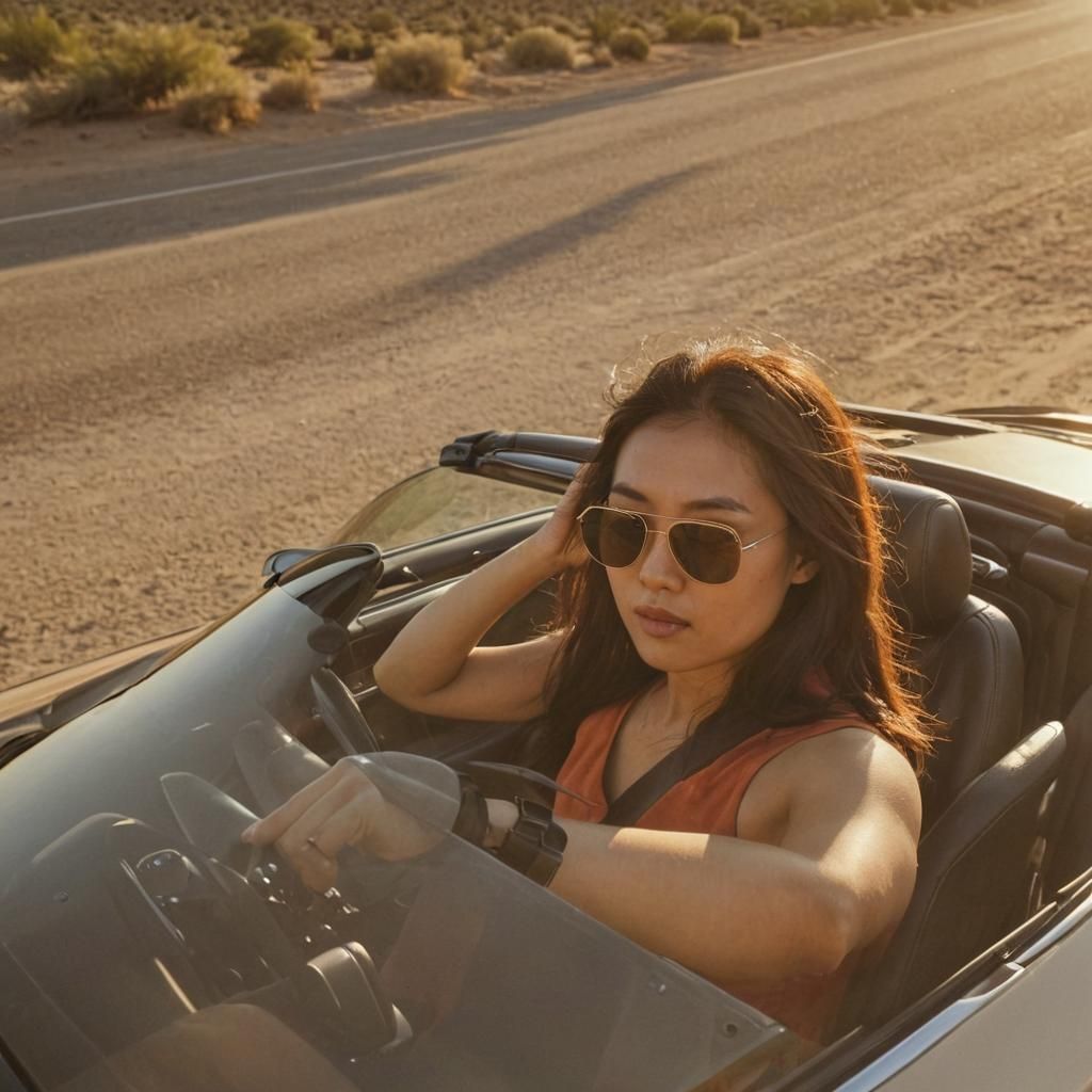 An Asian woman wearing sunglasses with long hair driving an AI smart convertible in the desert