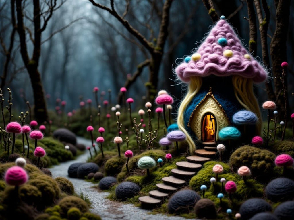 <lora:Felted Wool Flux:1.0>intricately detailed dark fantasy scene of a fairy mushroom house within a dark enchanted forest with subtle spar...