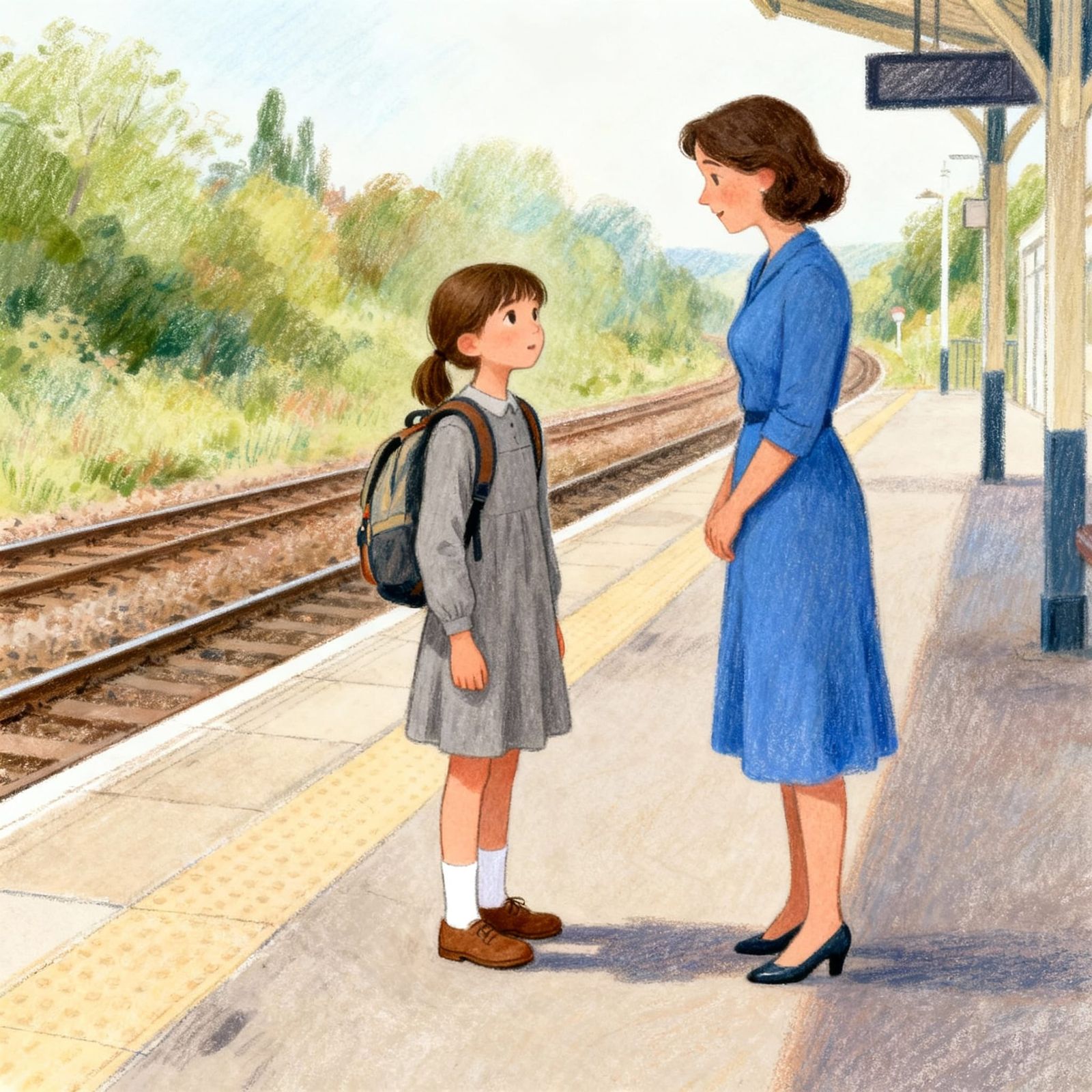 Girl in Rucksack Awaits Train with Woman at Station