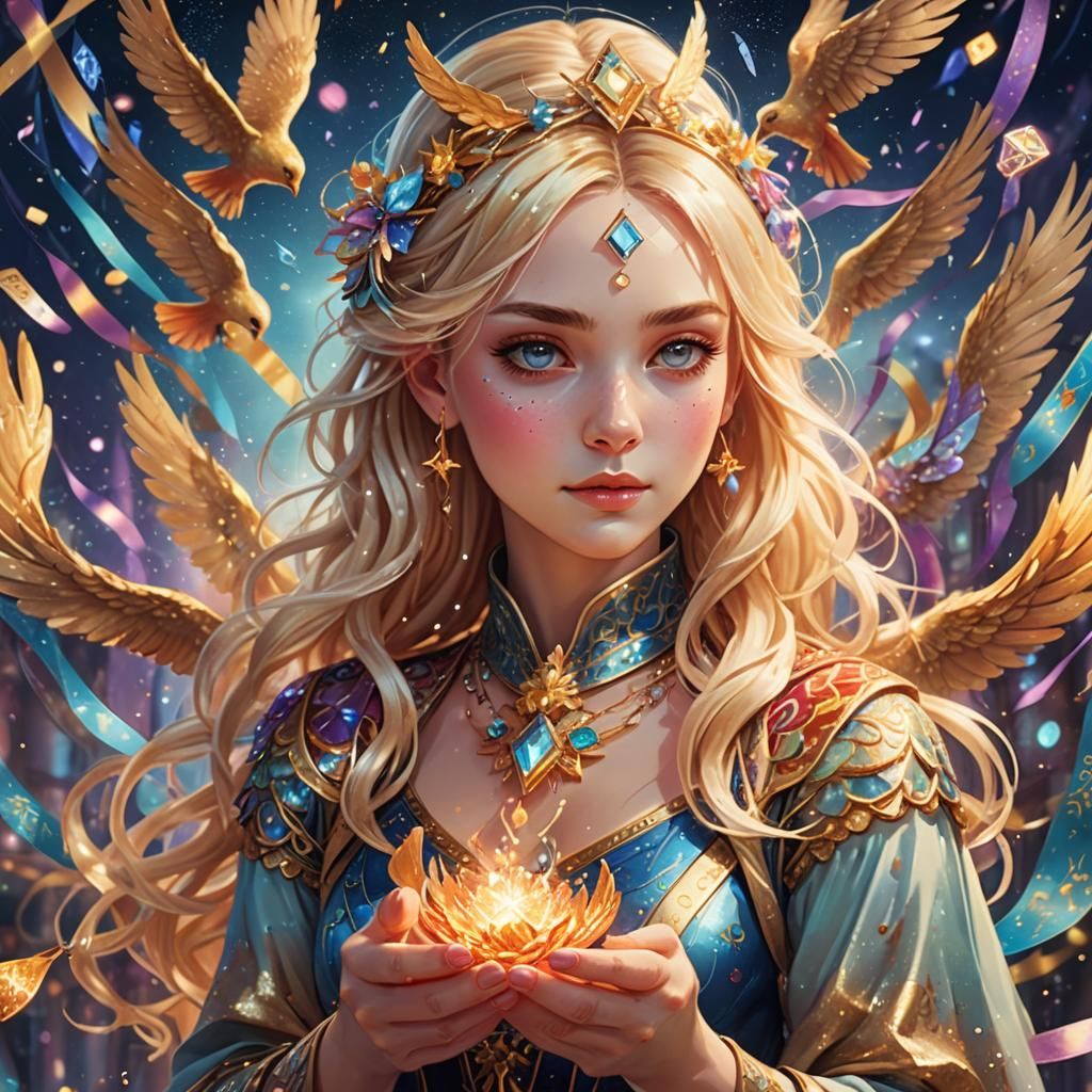 Tarot reader blonde blue tones sparkles glitter phoenix cele...
