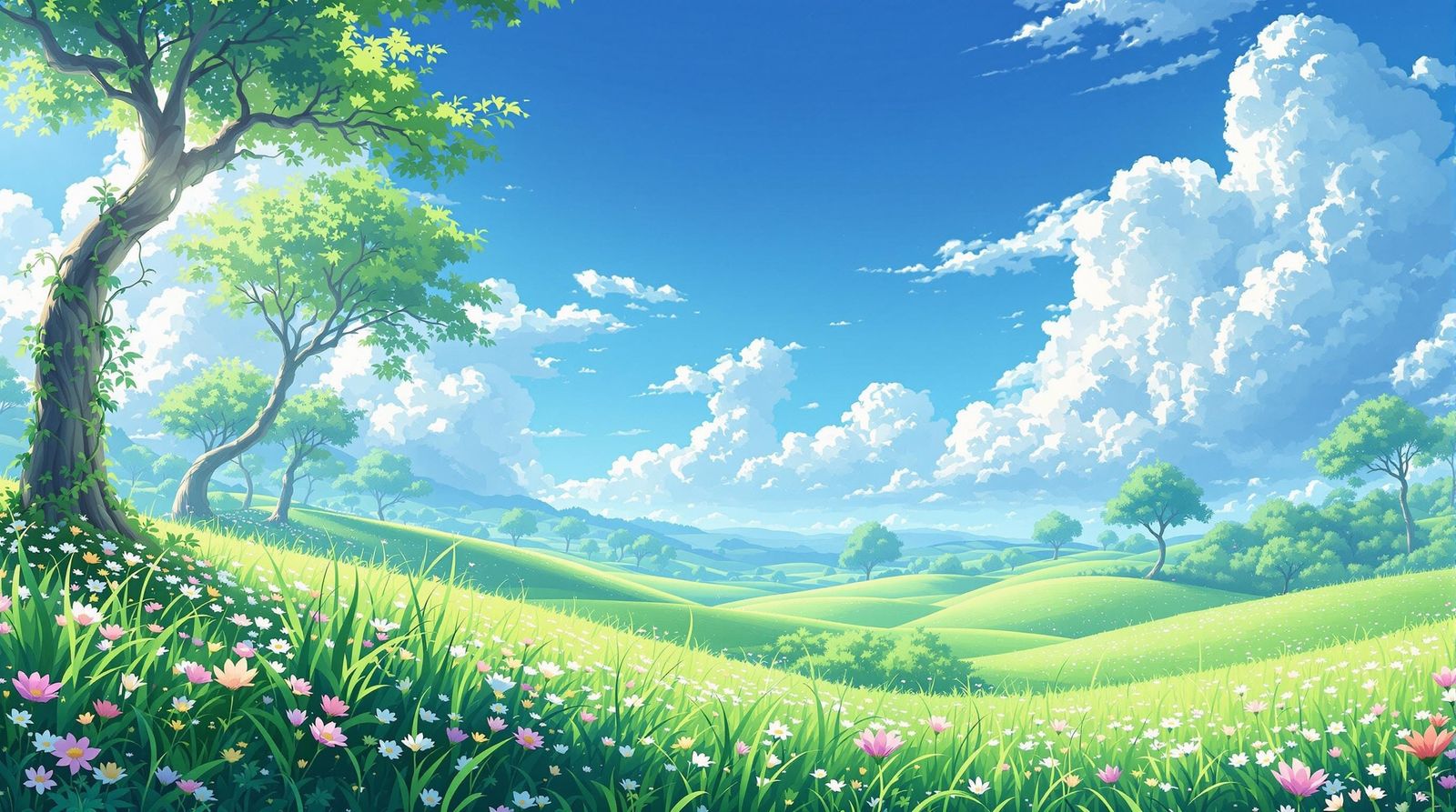 Whimsical Anime-Inspired Landscape with Emerald Fields and V...