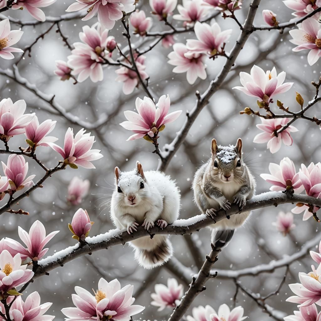 Squirrels in a Magnolia Tree  by @Skyward