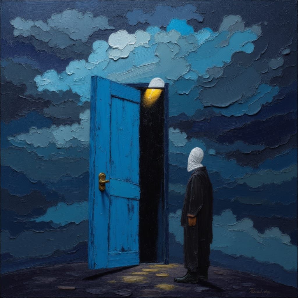 <lora:MJ7 Surreal Painting:1.0> A masked figure opening a door into a cloudy night; thick impasto oil paint acrylic brush strokes impressio...