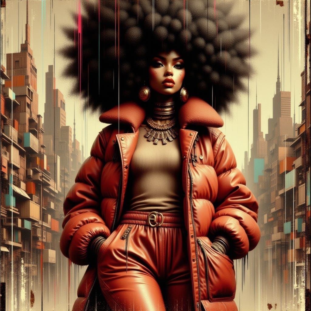 <lora:Goth Grunge Beauty:1.0> <lora:AFRO BEAUTY:1.0> <lora:New flux glitchlines:1.0> <lora:NEOVISCERALv2:1.0> A strikingly beautiful portrai...