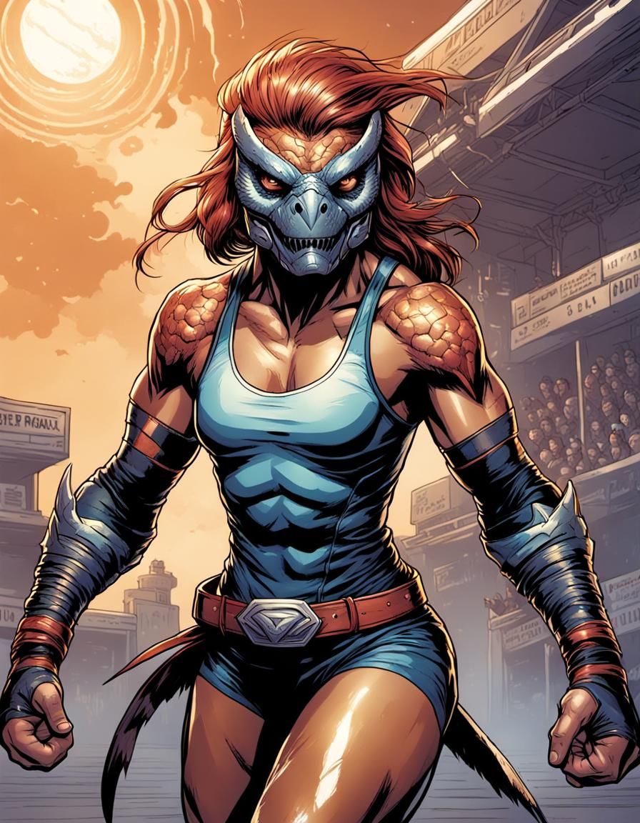 female Raptor humanoid wrestler