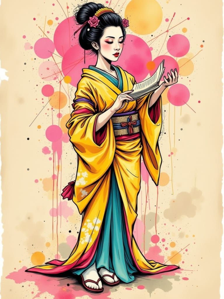 Geisha In Japanese village

concept art, sketch, drawing , fine ink line work, watercolour, old coffee stained parchment, intricately detail...
