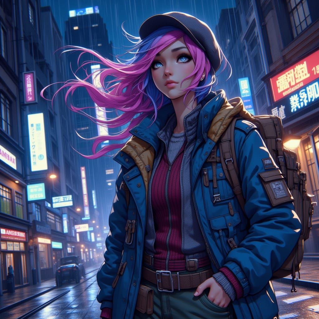 <lora:Studio Academia:1.0> rainy night. city. full body shot, cinematic beautiful European woman in travel outfit. anime cartoon. cell shade...
