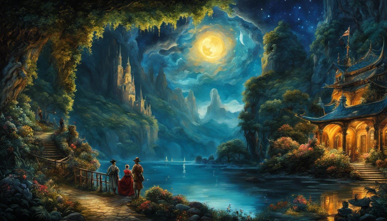 "Fantastical Starry Night  with pirates in cave looking out ...