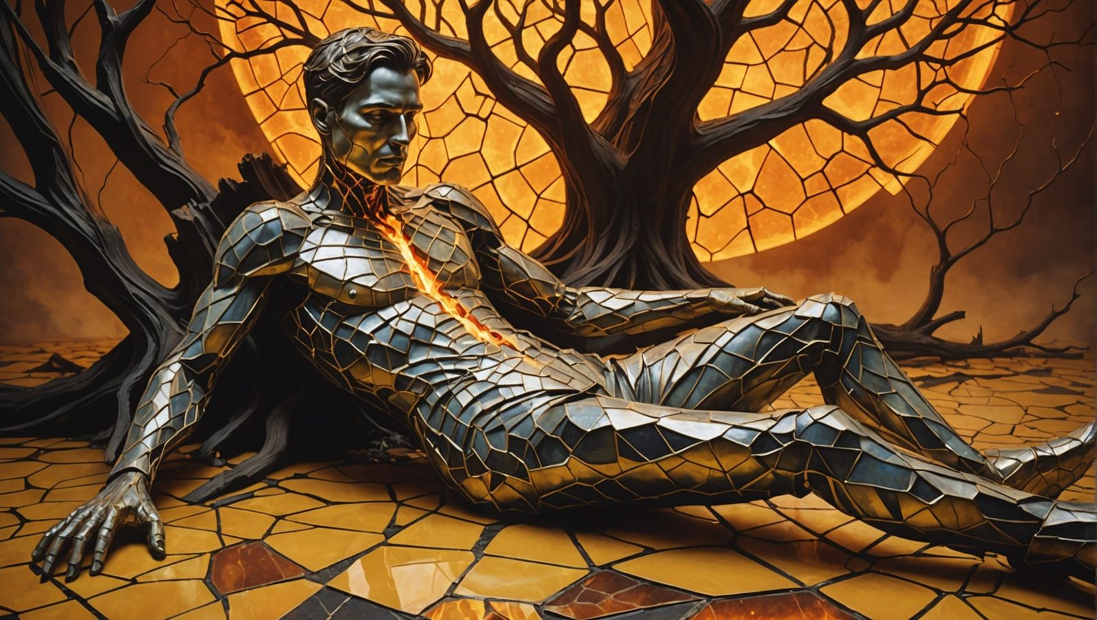 Cracked Metallic Man Reveals a Fiery Inner World
