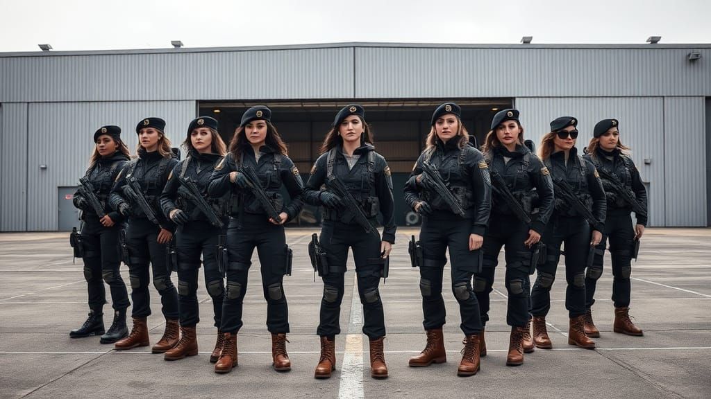 women elite special forces on the tarmac in front of the han...