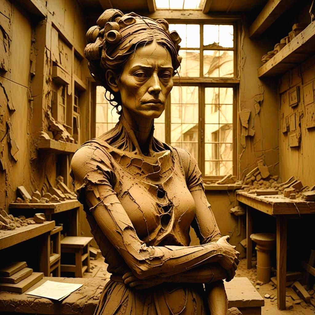 Vibrant rough clay!

Female-statue sitting on a block of very rough clay and comes to life. She tries ...  by @Da-Li-Nay