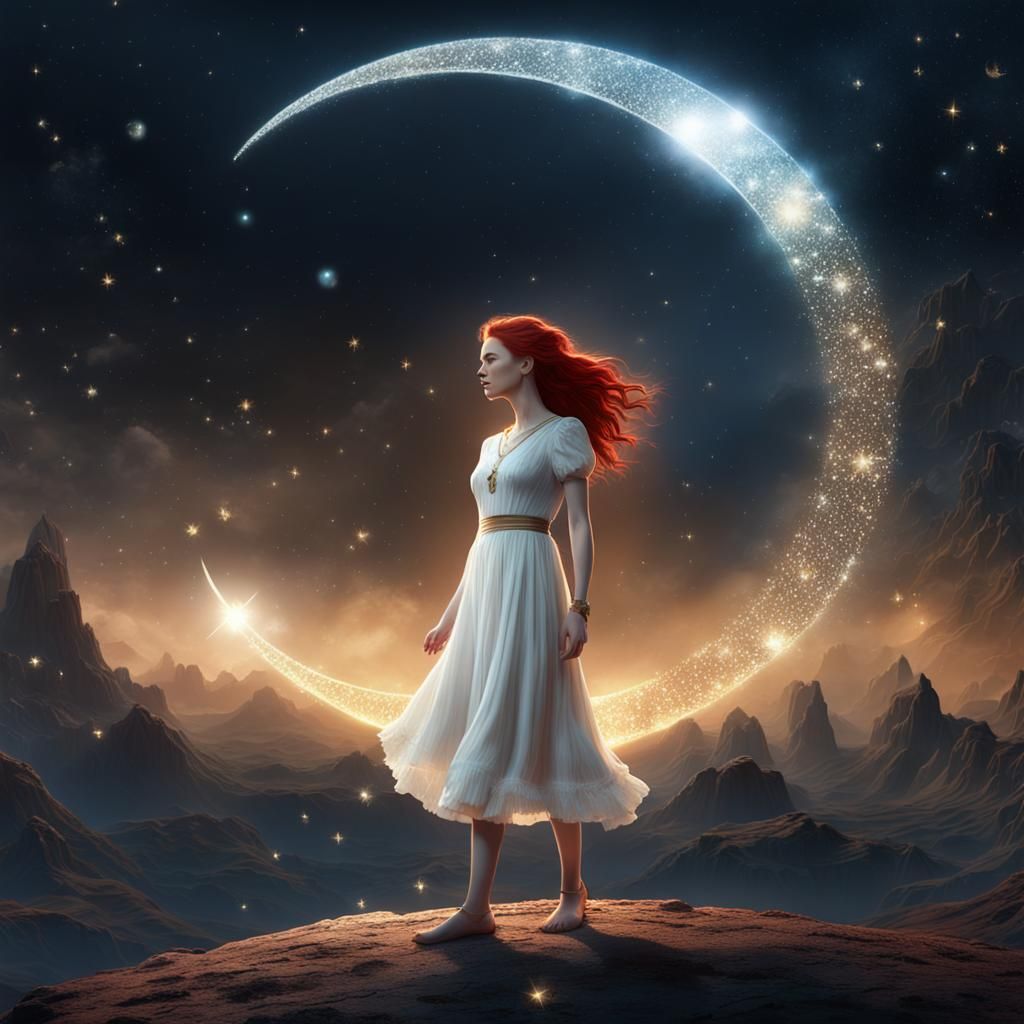 a sparkling star space with a the middle and a barefoot redh...