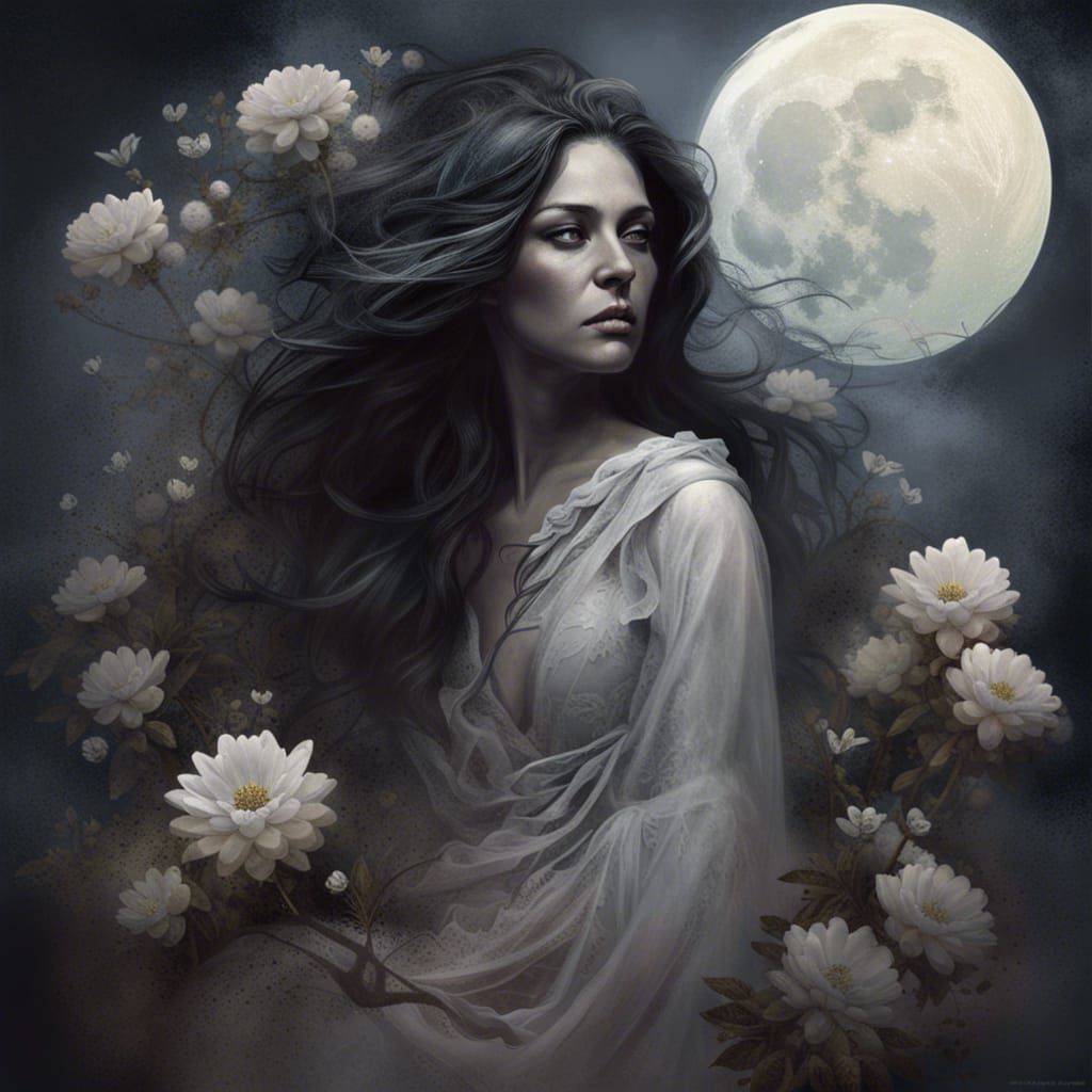 the moon's ghost sinister by Greg Rutkowski ghostly woman lovely ...