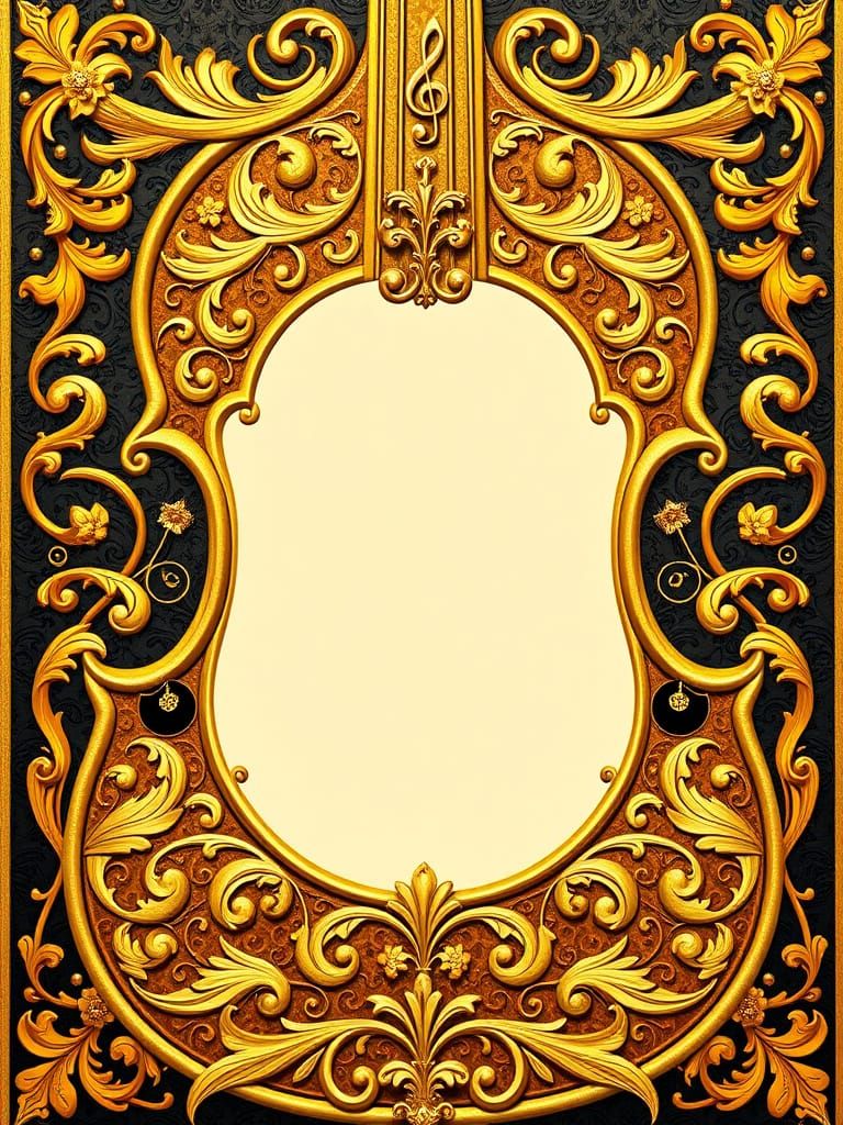 Golden Violin Frame with Baroque Swirls and Musical Motifs