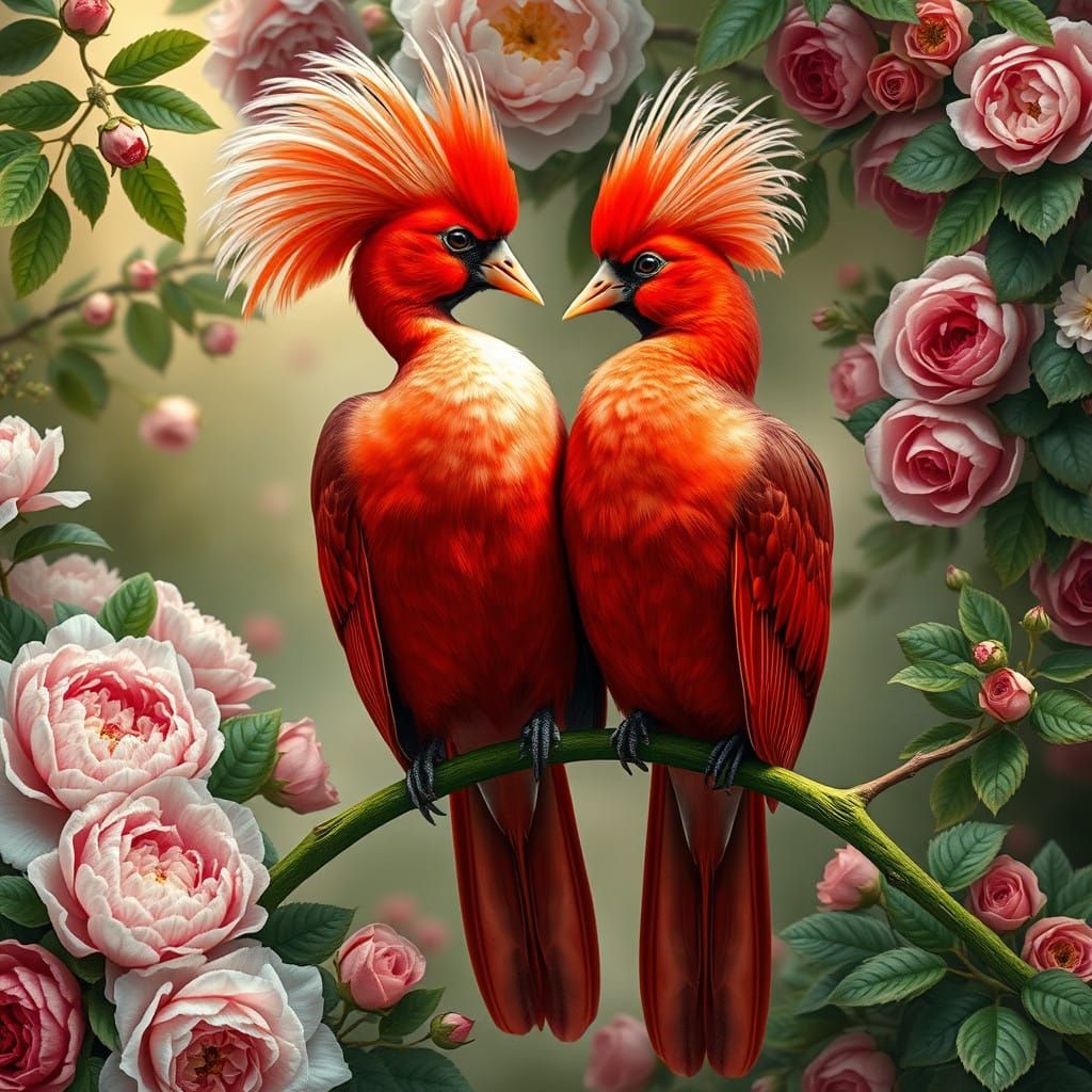 two majestic, red birds with slender necks   by @Gulmyriam