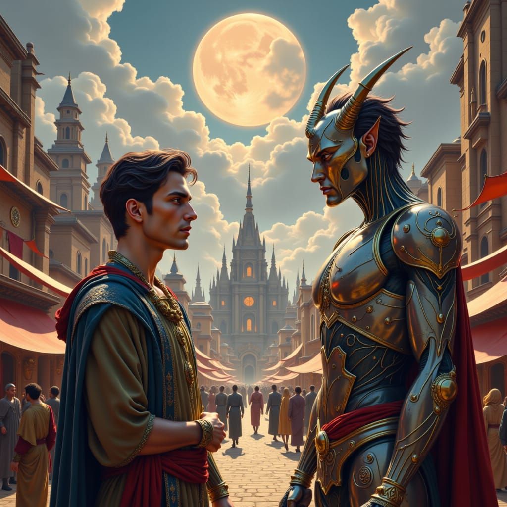 Digital painting. A bustling ancient marketplace with towering, futuristic skyscrapers in the distance, under a sky with two suns. A figure ...