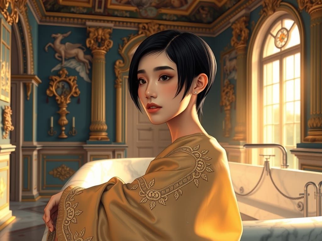 Elegant Woman Emerges from Marble Tub in Renaissance Palace