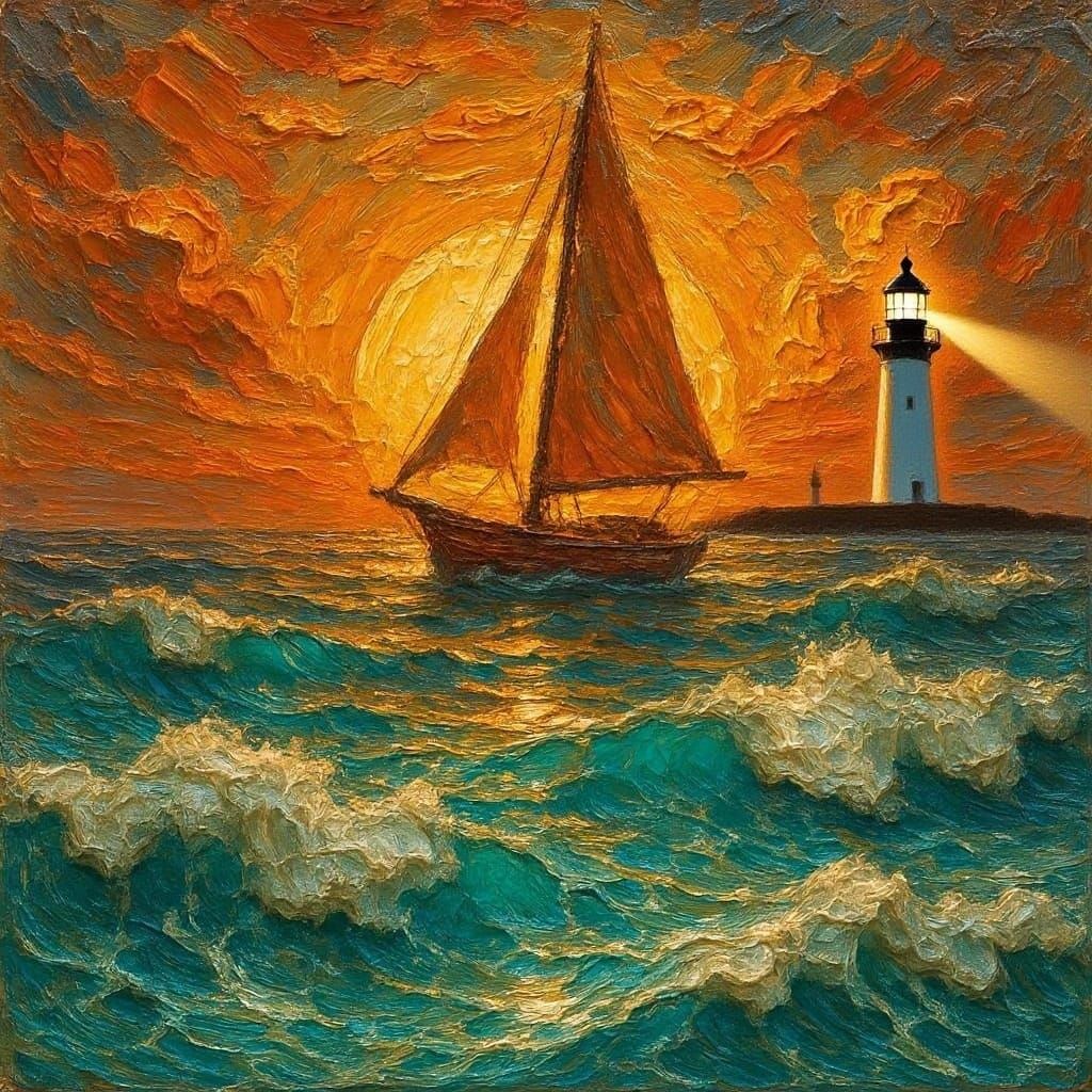 Impasto Oil Painting of Boat Sailing on Waves Near Lighthous...