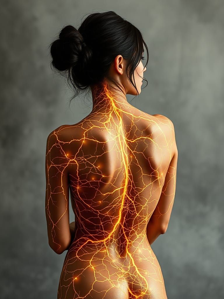 The image depicts a woman with her back turned to the viewer...