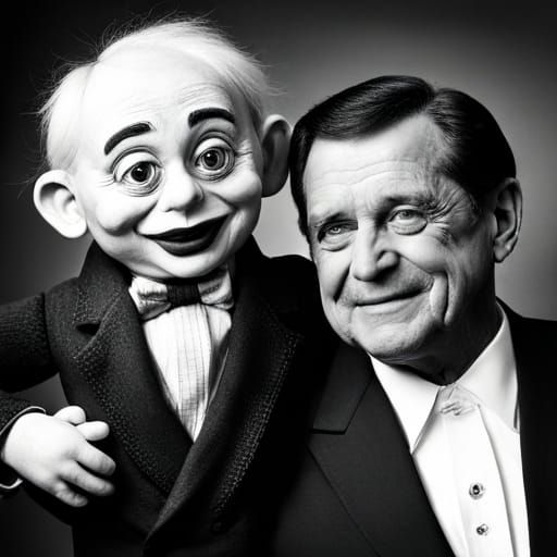 A human sized ventriloquist dummy, holding a dollsized man, opposite