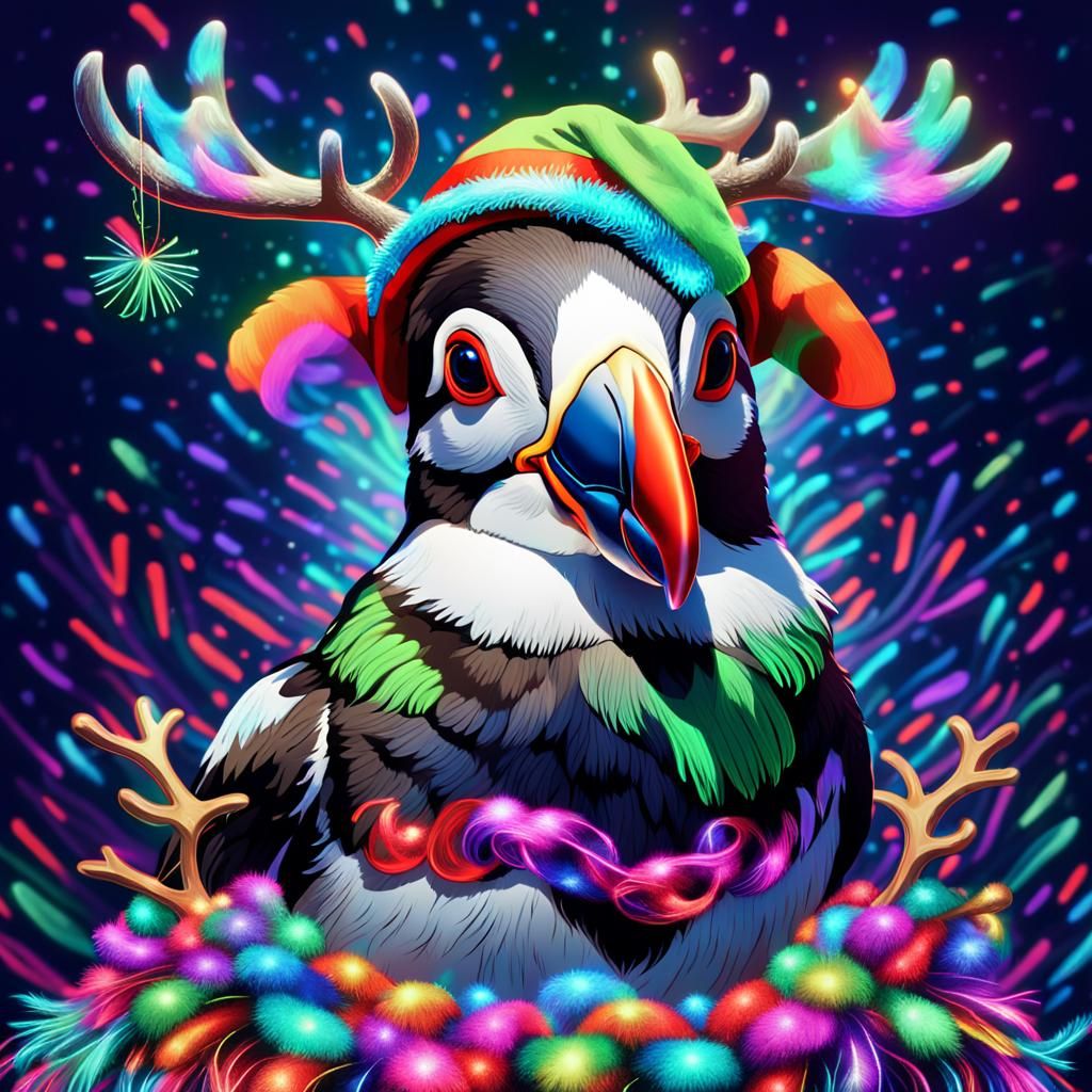 Christmas Psychedelic puffin bird with deer antlers on their head and tinsel 