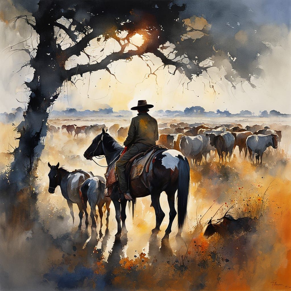 Cowboy with his herd in the Texas plain   by @Mapont