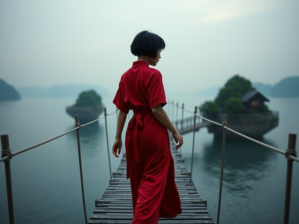 Thai Kunoichi Walks Bridge Between Floating Islands