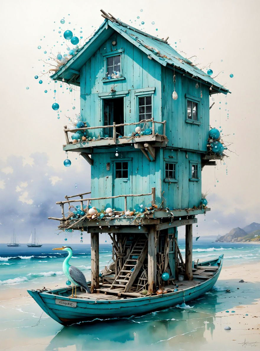 Turquoise old broken down skinny yet very tall, 2 story boat house in Turquoise misty chaotic seascape at Turquoise hour with the exagerated...