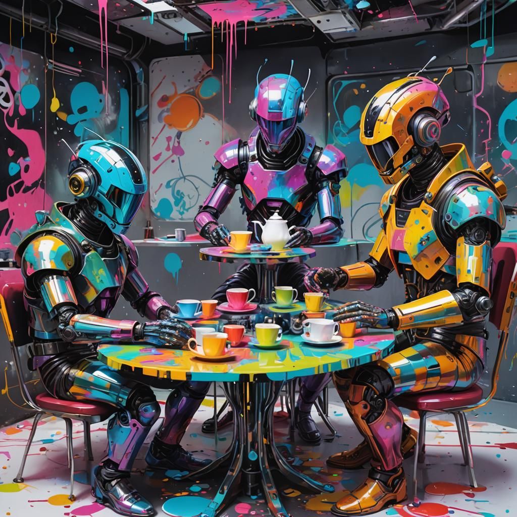 A tea party with four androids men short hair colored various sitting ...