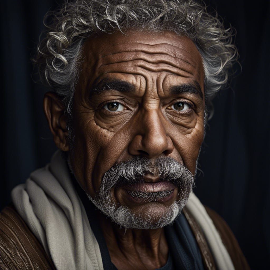 A realistic black and white portrait of a 60 year old greek fisherman in a dirty tanktop, denim pants ...  by @Carlos_S