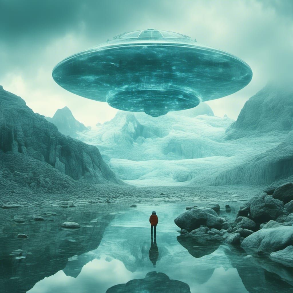 <lora:MJ6-1 DoubleExposure:1.0> an alsakan glacier and a 1960's ufo, sharp focus, double exposure photography, ultra HD double exposure, cin...