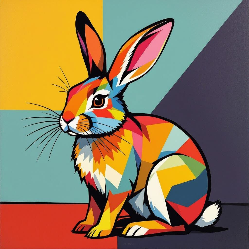 A stylized portrait of a rabbit rendered in bold, geometric patterns and vibrant, contrasting colors, reminiscent of early 20th-century avan...