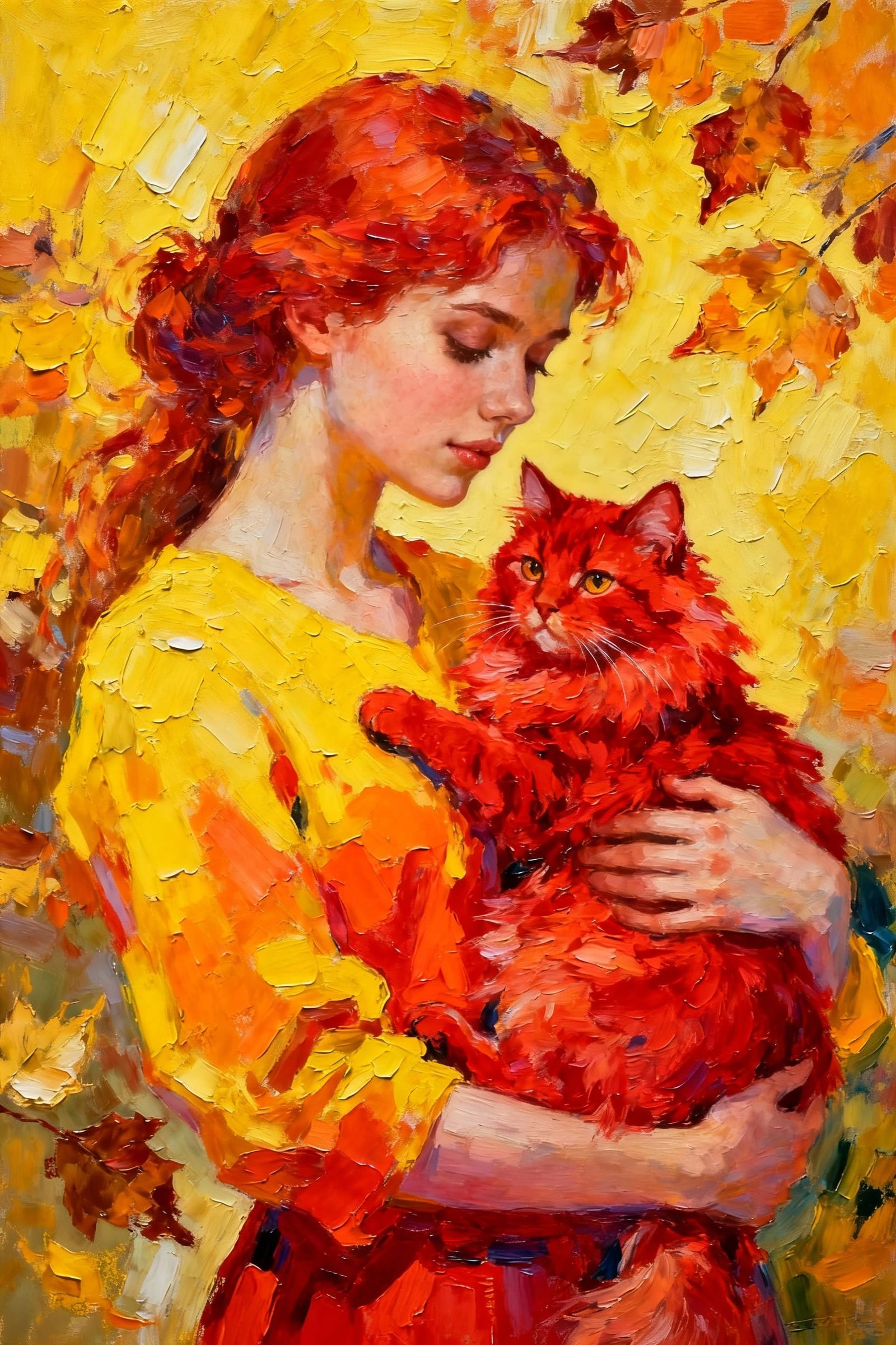 Red-Haired Woman Holding Cat Amidst Autumn Leaves
