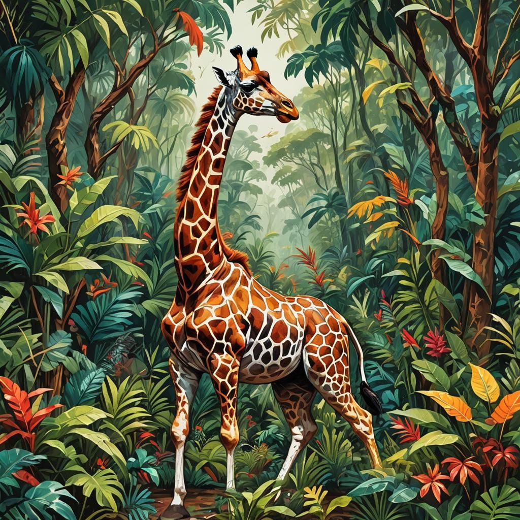 Panda Rides Giraffe in Lush Jungle, Wild Brush Style
