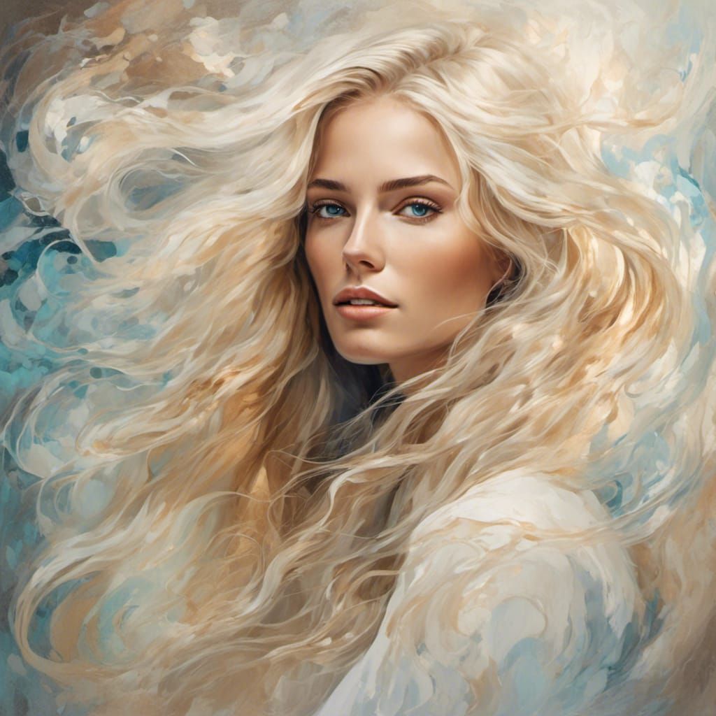 A very beautiful woman with long blond hair in opal swirling...