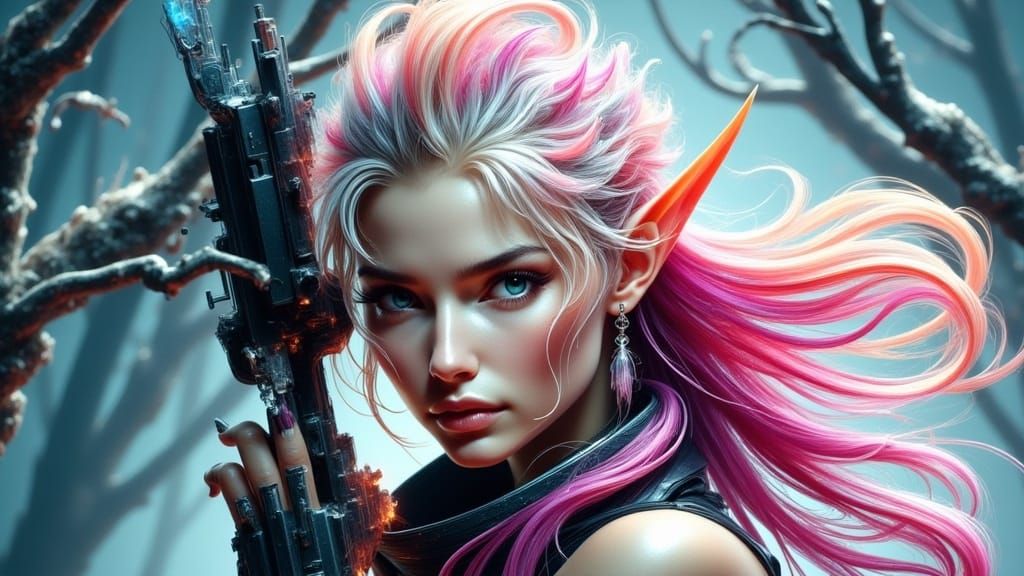 <lora:Ethereal Magic Flux:1.0> character name: Thelya Sentinel. clarity, defined, detailed, dynamic pose and lighting, ultra quality, close-...