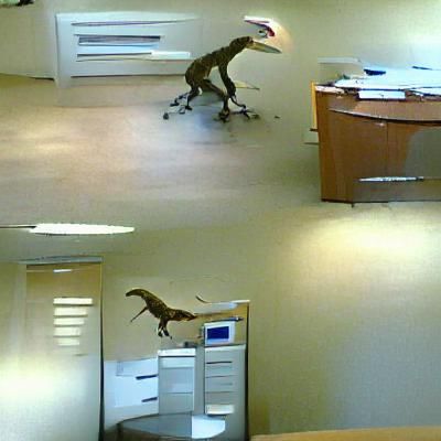 A velociraptor working in an office