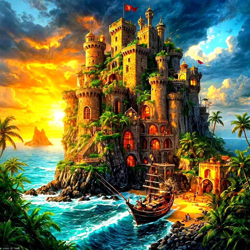 "Pirate fortress, rugged isolated island, weathered stone castle, tall lookout towers, tattered pirate flags waving. Lush tropical vegetatio...