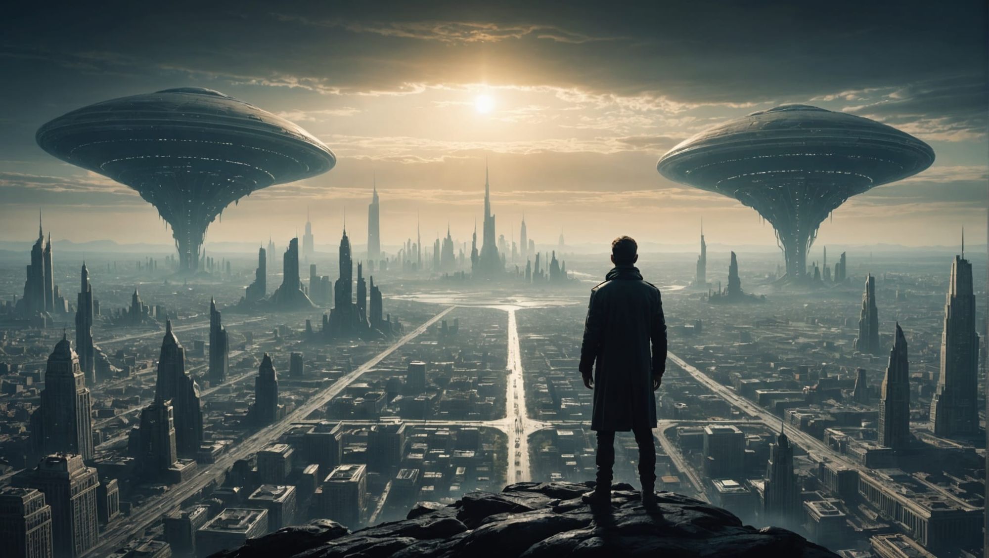 <lora:eye:1.0> A surreal alien city with teeming life on the ground and in the air