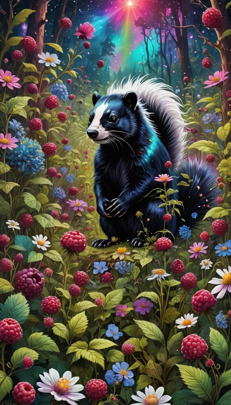 Skunk in a raspberry patch. Wildflowers. Forest.