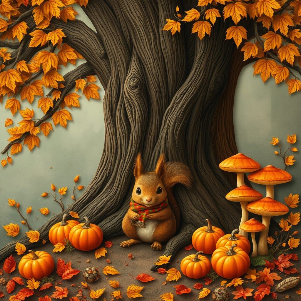 Autumn paper collage, pumpkin, mushrooms, leaves, squirrel s...