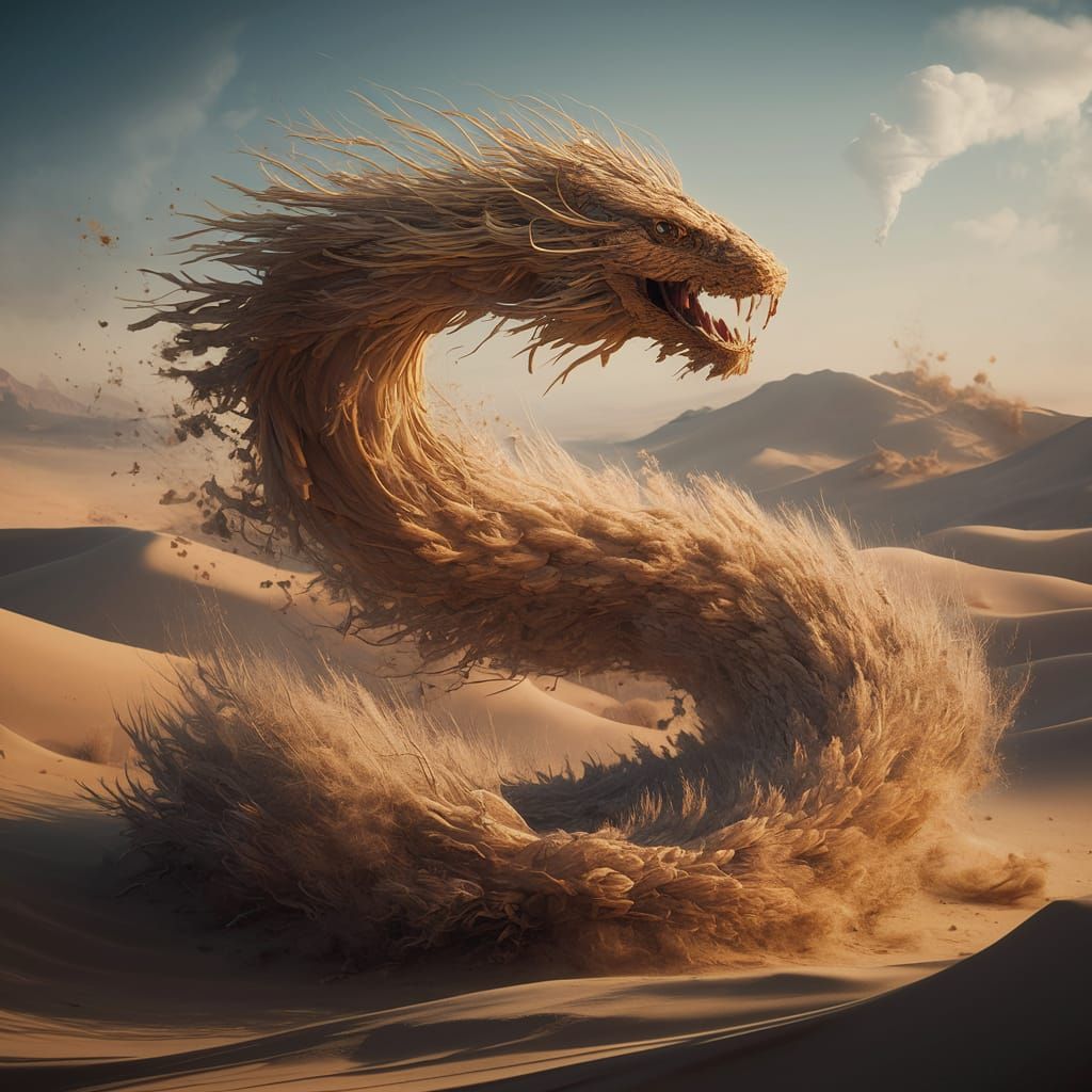 Ethereal serpent constructed from golden dunes, wispy tendrils dissolving into desert haze  by @CatFriend