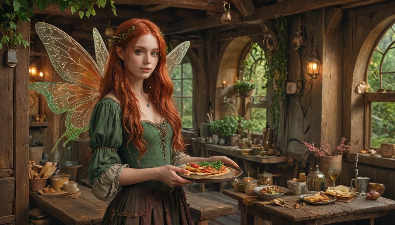 Octoberfest. A single fairy holding a tray. Long flowing red...