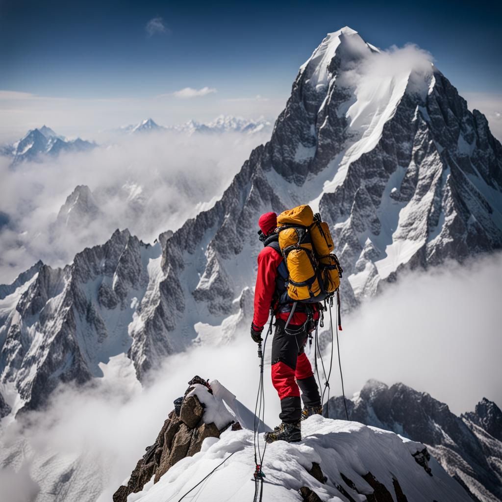 mountain climber standing at the peak of overcoming hard climb!  by @Timmy Contraros