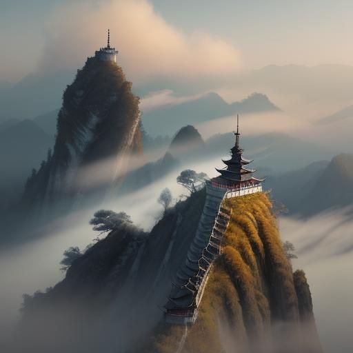 Lone Swordsman on Misty Peak: Chinese Ink Painting