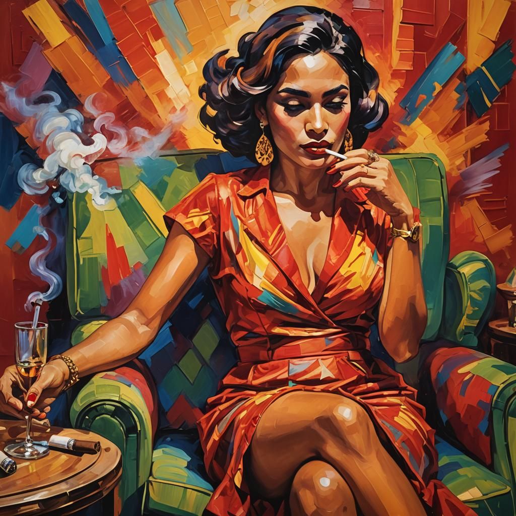 open, cuban art inspired cigar lounge, festive colors, pretty young Latin woman rolling 5inch cigars on her thigh, tropical colors on walls...