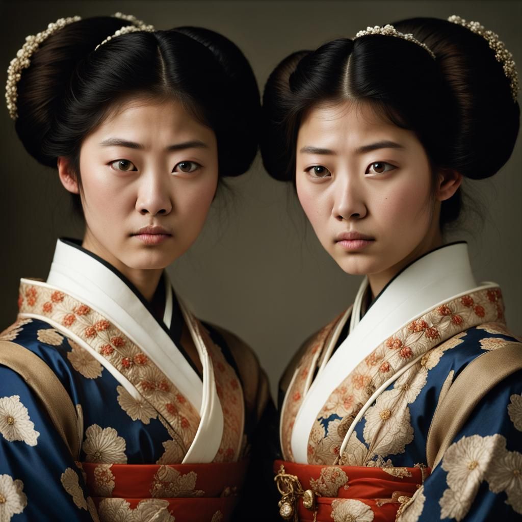 Japanese sisters age 20 hourglass figures wearing Napoleonic...
