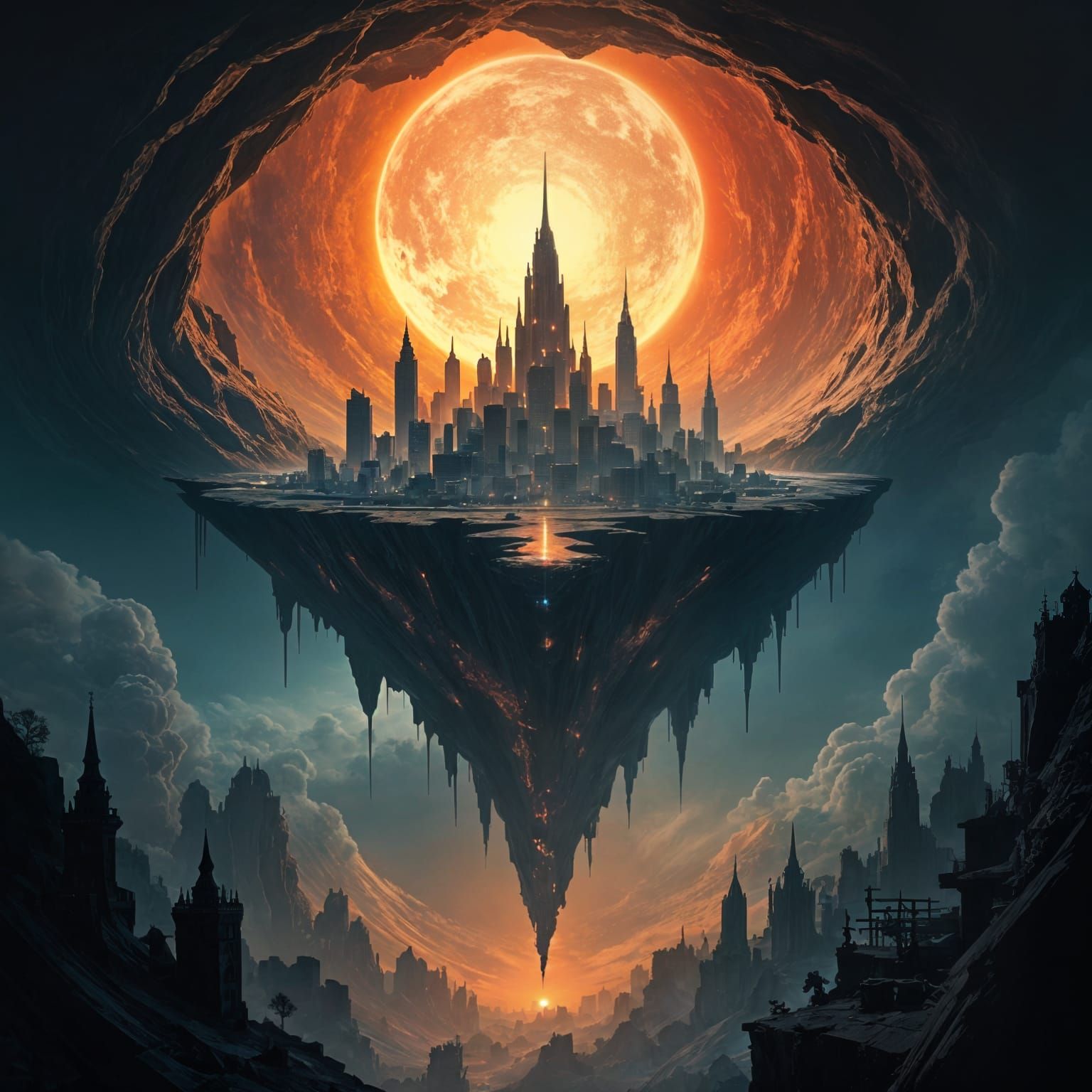 An inverted city hangs beneath a crater.
Upside-down towers reach toward a glowing pit.
Gravity anomalies distort every physical law inside.